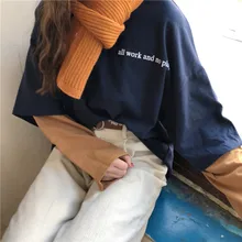 Футболка женская Harajuku одежда Осень корейский Stlye Ulzzang с буквенным принтом поддельные 2 шт. футболка с длинными рукавами женская футболка Топы