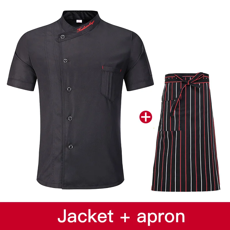 M-4XL, Мужская рабочая одежда для ресторана, отеля, кухни, куртки для шеф-повара, черная рубашка для приготовления пищи, с вышивкой логотипа, с коротким рукавом, униформа шеф-повара, новинка - Цвет: jacket apron