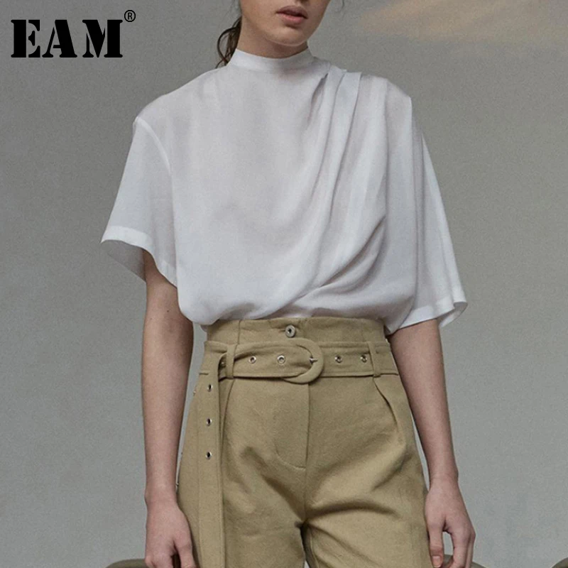 

[EAM] 2019 New Spring Summer Stand Neck Half Sleeve Irregular Pleated Thin Big Size Loose Short T-shirt Women Fashion Tide JX716