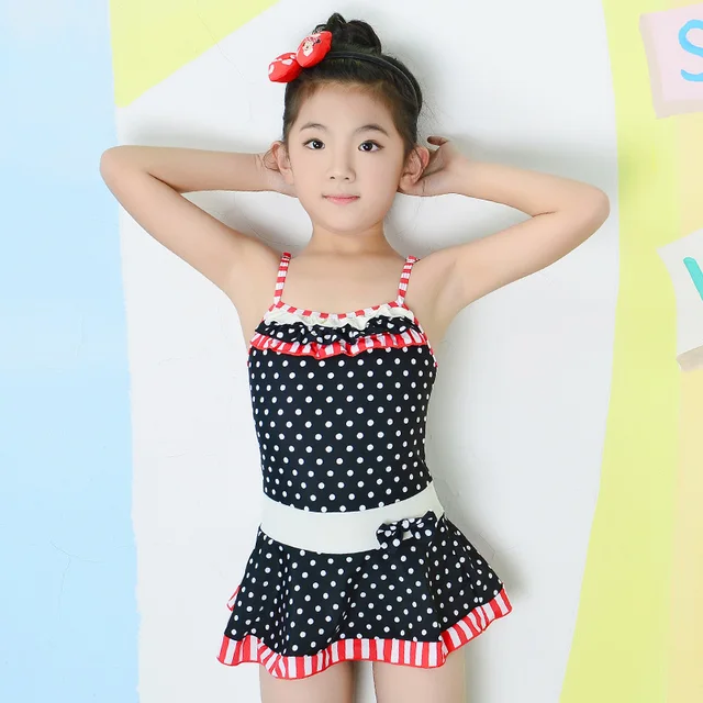 Red One Piece Girls Swimwear With Skirt Dot Printed Bathing Suits For ...