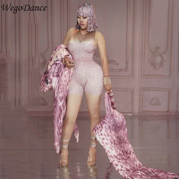 

Women Clothing Pink Rhinestones Printed Nude Stretch Jumpsuit Summer Sexy Leggings Costume Bodysuit Nightclub Party Wear Outfit
