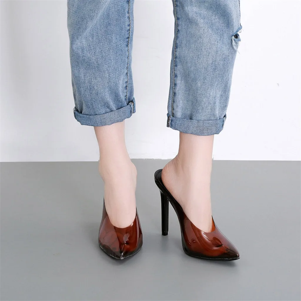 

2019 Fashion Women Black Color Clear Upper Slip-on Pointed Toe High Heel Slipper Design Unique Shoes Ladies Casual Jelly Sandals