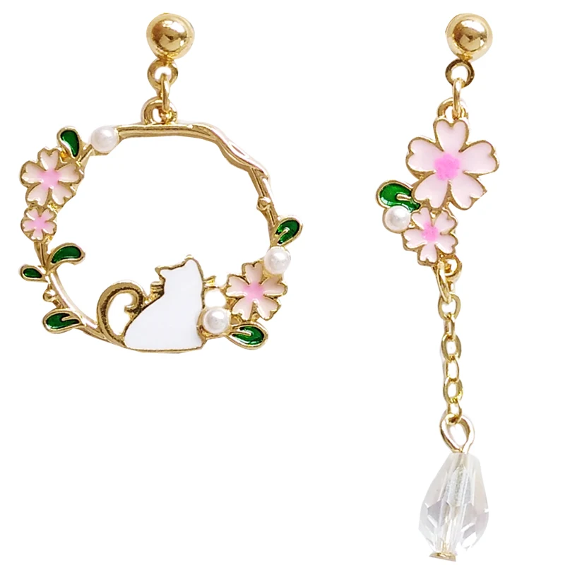 

free shipping 10 pair / lot fashion jewelry accessories new design metal enamel cat sakura flower earrings women