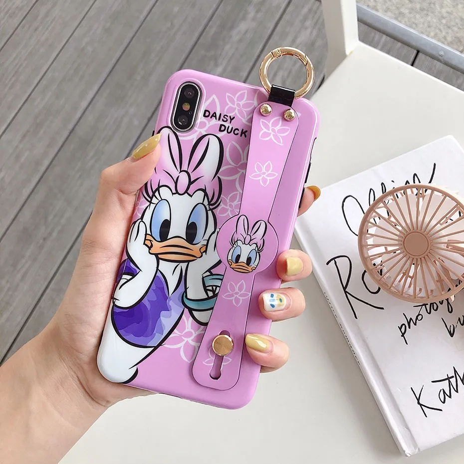 Donald Daisy Duck Case for iPhone 7 8 6 6S Plus Cute Cartoon Wrist Strap Bracket Phone Cover for iPhone XS Max XR X Case Funda