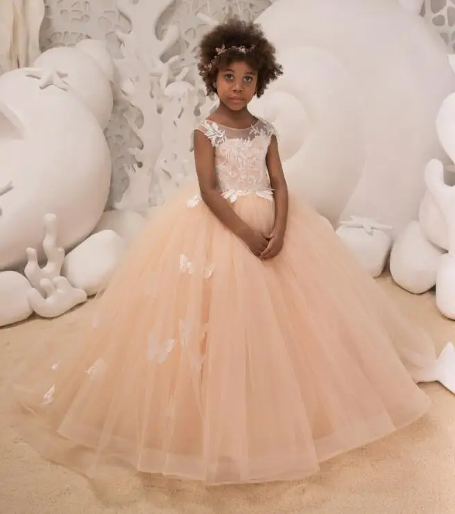 

Fancy Champagne Flower Girl Dress Crew Neck Mesh Ball Gowns Kids Lace Butterfly Holy Communion Dresses For Christmas 2-14