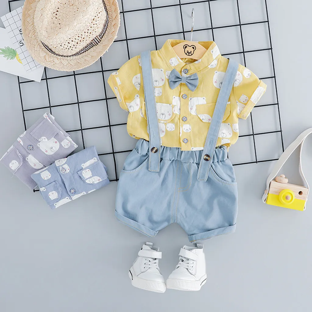 

Perimedes Baby Cartoon Pocket Clothes Toddler Baby Kids Boys Cartoon Bear Pocket Bow Tops Overall Pants Clothes Casual Outfits