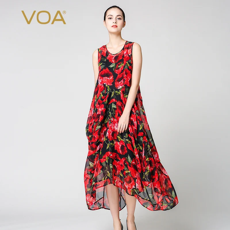 

Robes Femmes En Soldes Strand Jurkjes VOA Brand Print Sleeveless Asymmetrical Ankle-Length Beach Dresses Female A3258