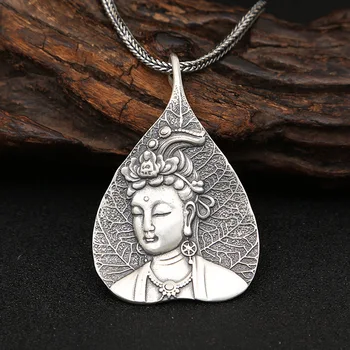 

S925 Sterling Silver Jewelry Handmade Vintage Thai Silver Necklace Pendant Puxian Bodhisattva Pendant With Peaceful Leaves
