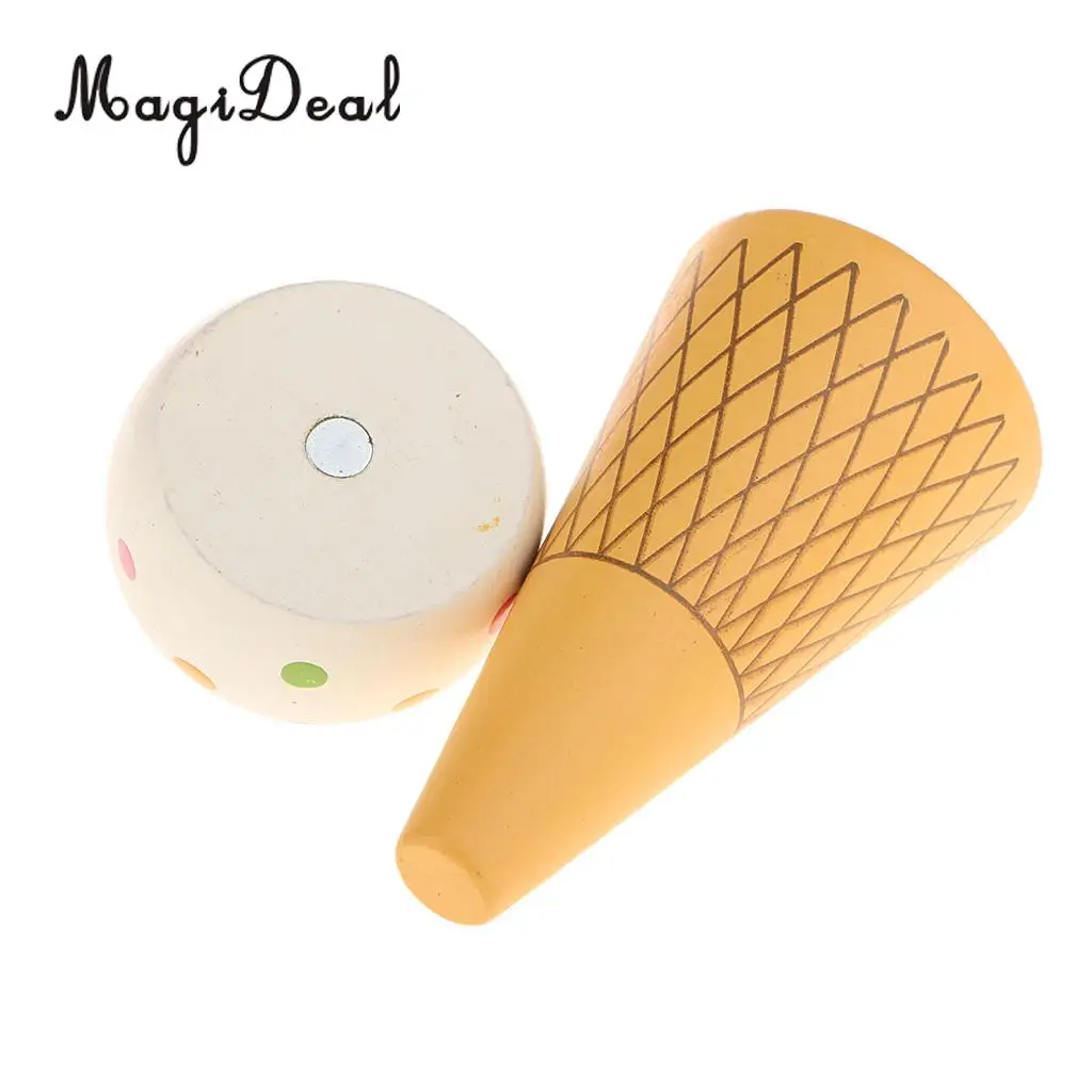 MagiDeal High Simulation 1Pc Wooden Magnet Connected Ice Cream Cone Food for Kids Pretend Play House Kitchen Squishy Toy 2Colors