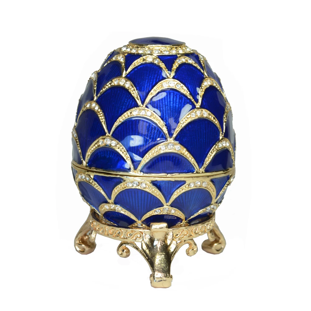 Faberge Style Egg Green and Orange Enamel and Rhinestone Faberge Style Egg Trinket Box