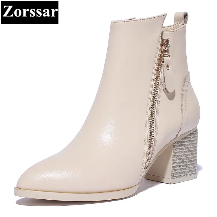 

{Zorssar} 2018 winter New Genuine Leather Fashion Women Knight Boots High heels platform ankle boots pointed Toe female shoes