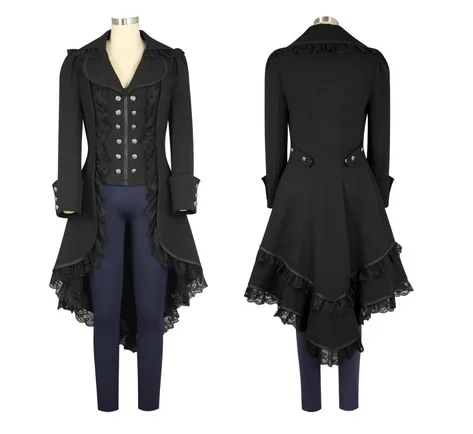 Women Gothic Vintage Steampunk Tailcoat Long Jacket Lace Medieval Jacket Costume 