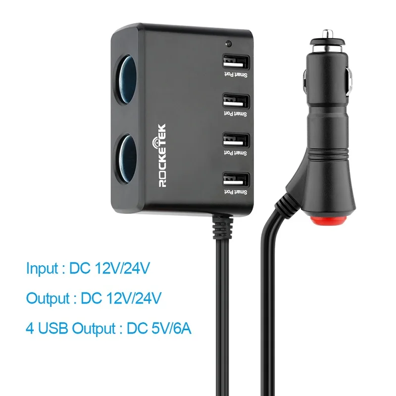 Rocketek USB متعدد المنافذ شاحن سيارة الذكية IC 4 USB 6A 2 مقبس ولاعة السجائر الهاتف محول اكسسوارات ل iphone سيارة-شاحن Rocketek USB متعدد المنافذ شاحن سيارة الذكية IC 4 USB 6A 2 مقبس ولاعة السجائر الهاتف محول اكسسوارات ل iphone سيارة-شاحن