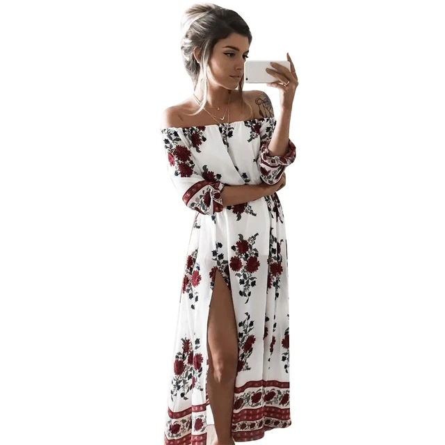 Casual Vintage 2017 Summer Boho Beach Dresses Sexy Off Shoulder Slash Neck Floral Printed Party Dress Long Split Robe Femme