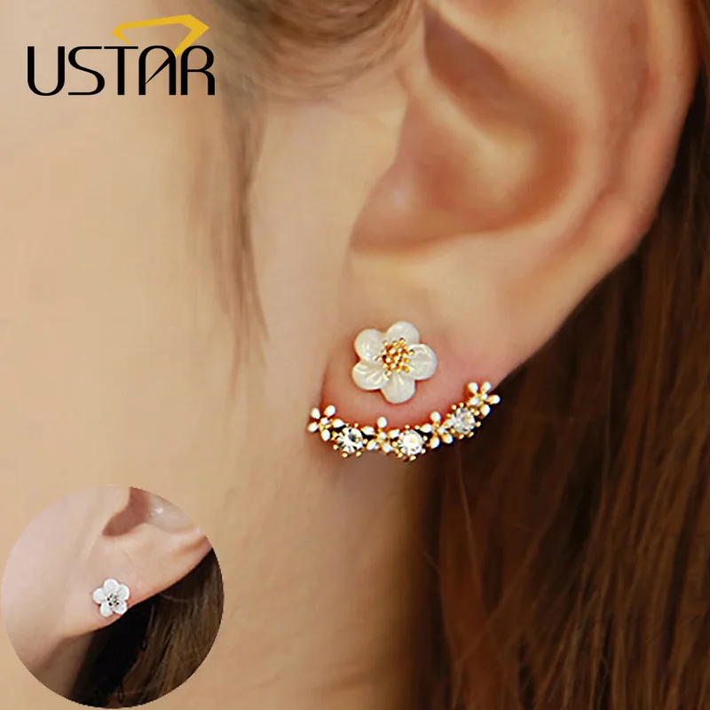 

USTAR Flower Crystals Stud Earrings for Women Rose gold color Double Sided Fashion Jewelry Earrings female Ear brincos Pending