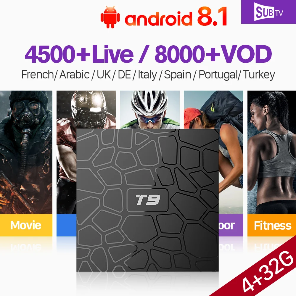 T9 RK3328 Android 8,1 ТВ коробка 4G 32G с 4 k Full HD IPTV подписка 1 год SUB ТВ код IPTV французский арабский Великобритания, Португалия IP ТВ Vod