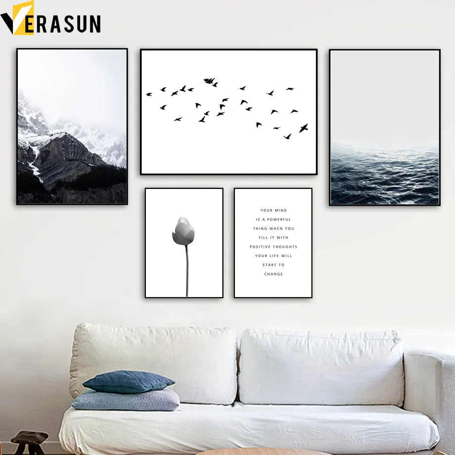 

Snow Mountain Sea Flower Bird Quote Wall Art Canvas Painting Nordic Posters And Prints Wall Pictures For Living Room Home Decor