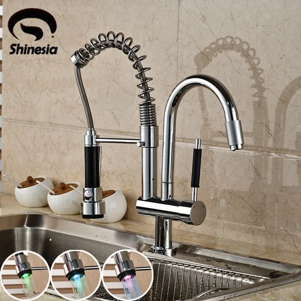 Special Offers Wholesale and Retail LED Light Swivel Spout Spring Kitchen Sink Faucet Hot and Cold Pull Out Kitchen Faucet