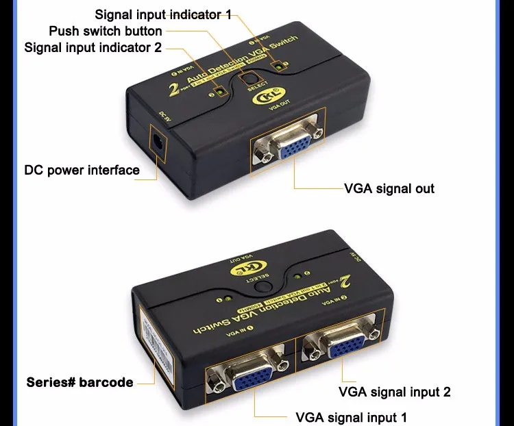 Ckl ABS Авто коммутатор VGA 2 в 1, 1 Мониторы 2 компьютеры Switcher Поддержка автоматическое обнаружение 2048*1536 450 мГц USB Powered ckl-21a