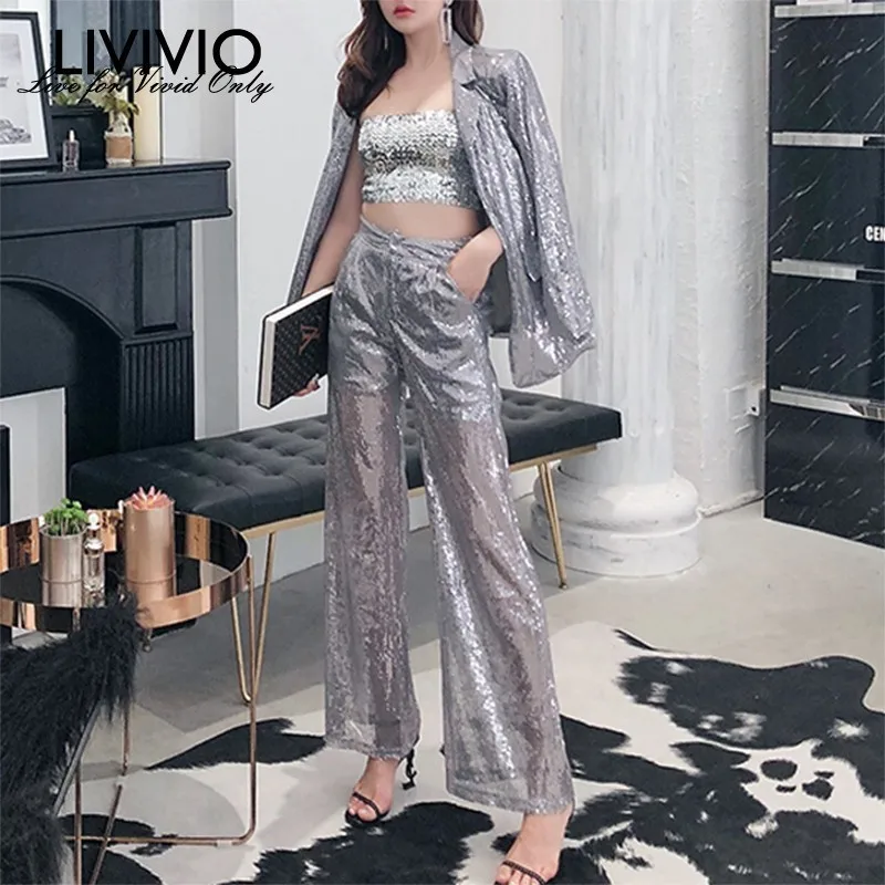 

[LIVIVIO] Sheer Sequined Long Sleeve Blazer Women Wide Leg Pant Women 2019 Summer Suits New Ladies Sexy Clothing Set