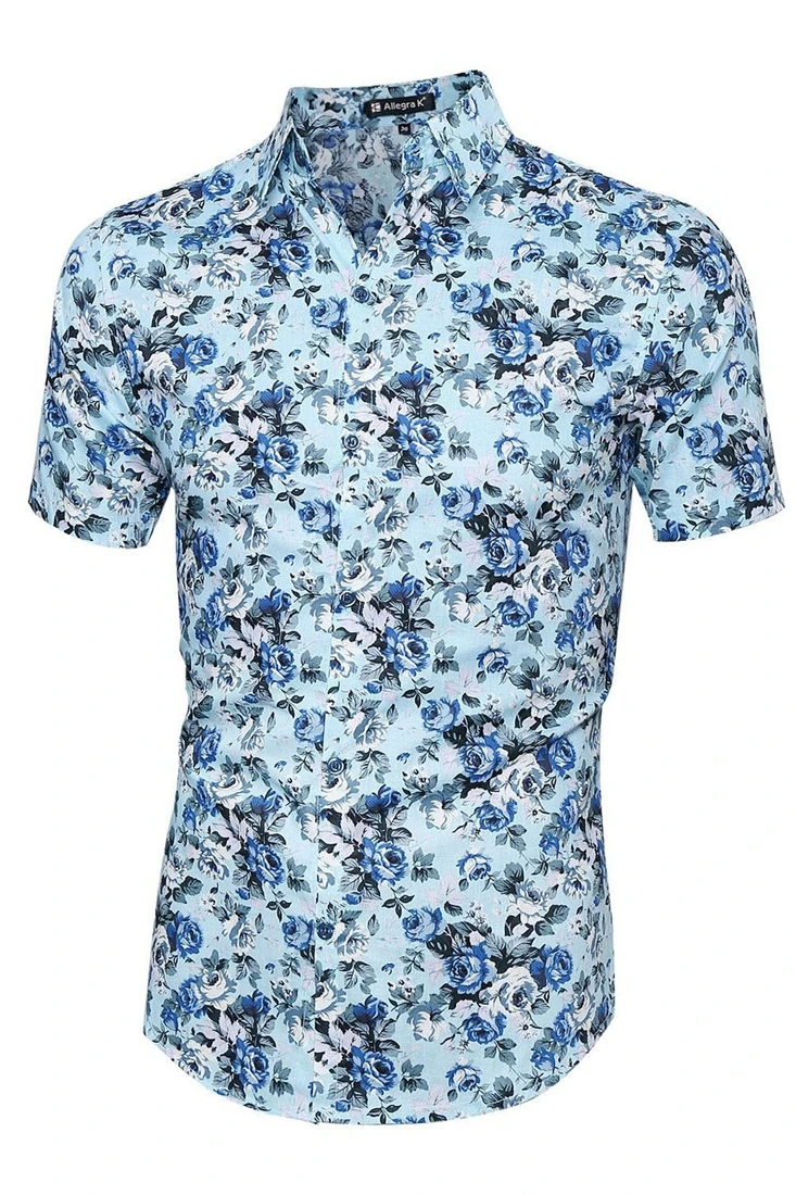 Men Point Collar Short Sleeve Button Down Flower Pattern ...