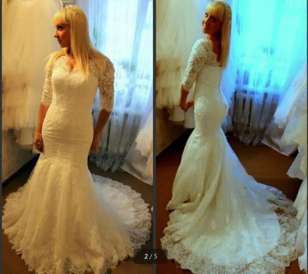 

2016 3/4 Sleeves Lace appliques Mermaid Wedding Dresses winter V Neck Plus Size Arabic African Bridal Gowns Vestidos De Noiva