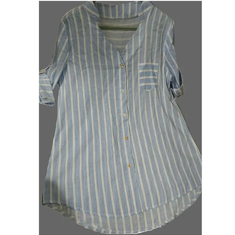  New Womens Summer Striped V Neck Blouses Loose Baggy Tops Cotton and Linen Button Down Tunic Shirts