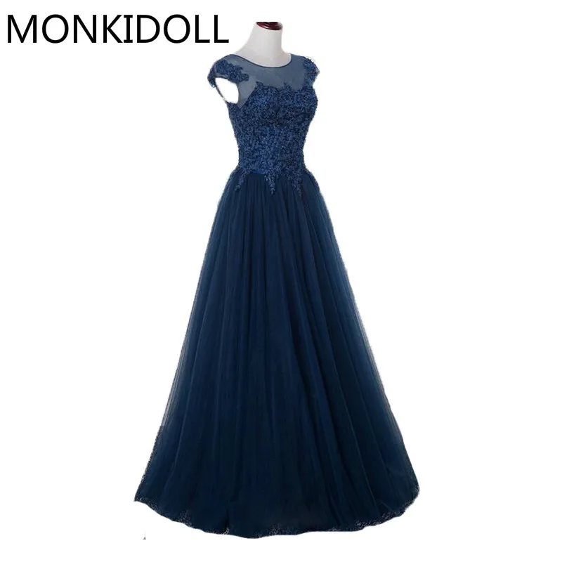 

2017 new arrival navy blue a line lace appliques formal evening dress sheer back sexy cap sleeve cheap evening gowns hot sale