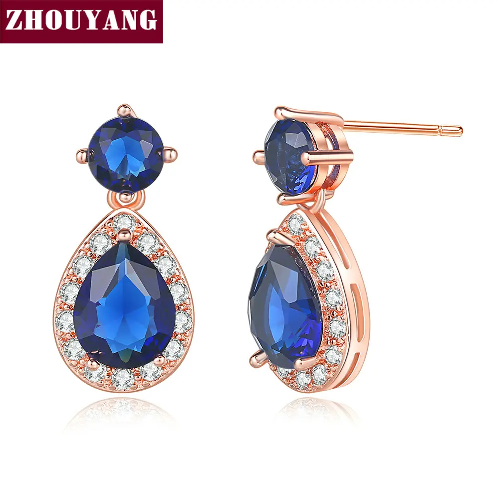 

ZHOUYANG Drop Earrings for Women Luxury Blue Water Drop Cubic Zirconia Rose Gold Silver Color Gift Fashion Jewelry DZE005 DZE006