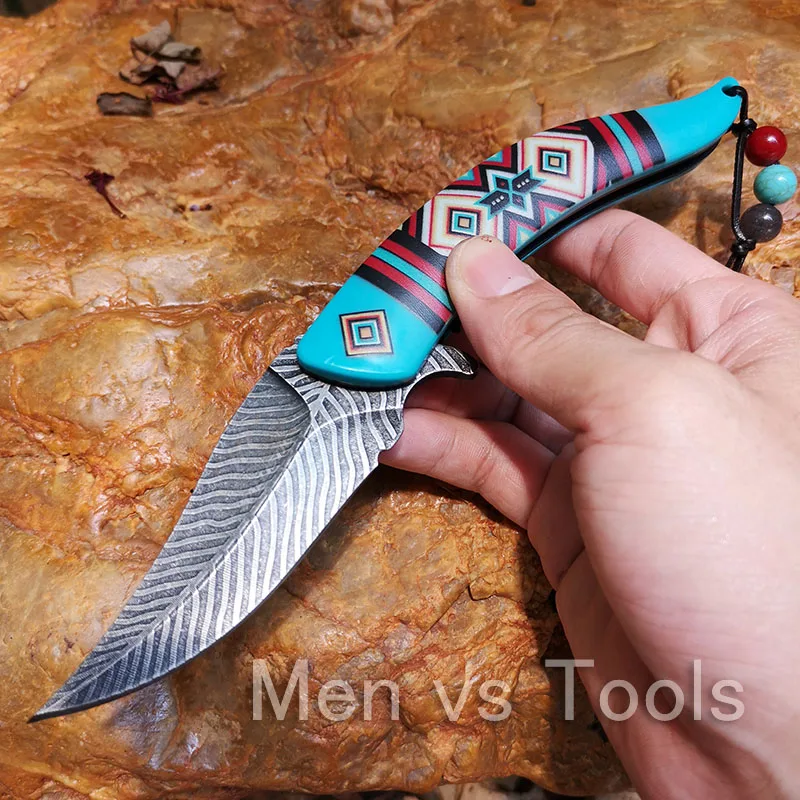estilo damasco pena lâmina de sobrevivência ferramentas de coleta de faca de resgate