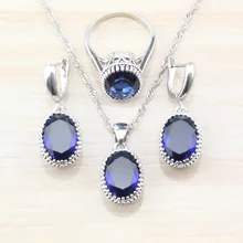 AAA+ качество 925 пробы Серебряный женский модный костюм Овальный Синий Циркон Ювелирные наборы серьги/ожерелье и кулон/кольцо S41