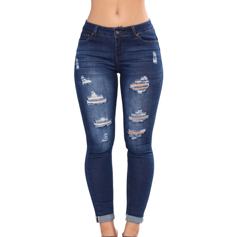 Puimentiua 2019 Women High Waist Casual Denim JeansSlim Plus Size Ripped Hole Long Jeans Denim Regular Pants Women Mom Jeans