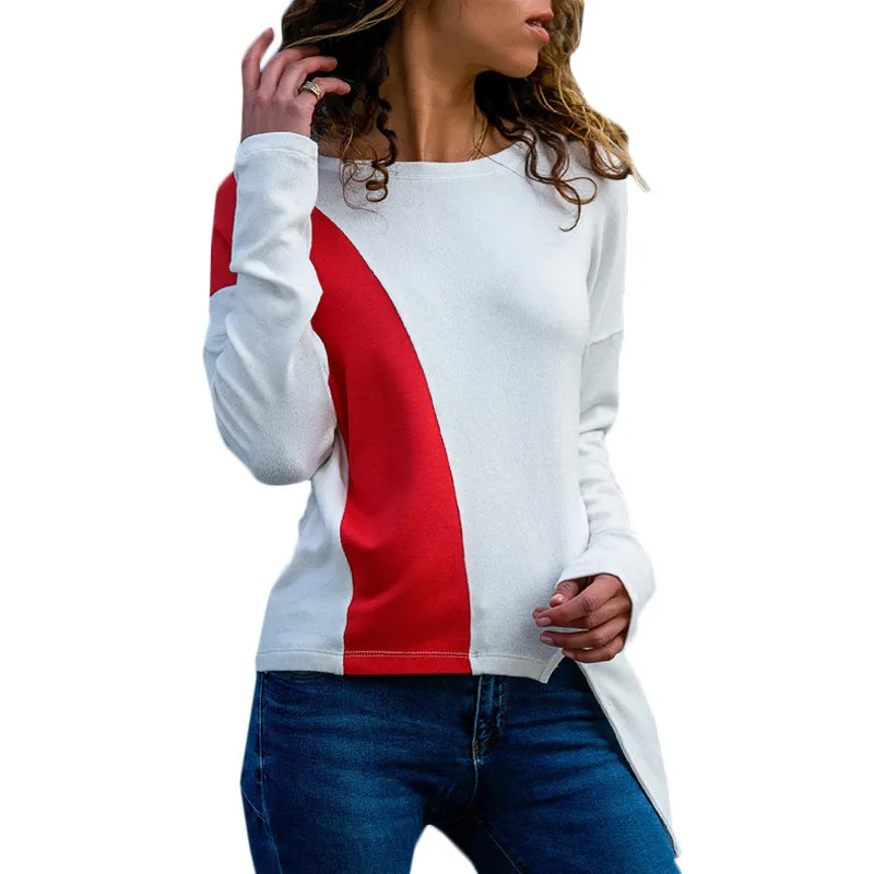 

Rogi Autumn Fashion Long Sleeve Women Sweater Casual Patchwork Color Block Asymmetrical Hem Knitted Sweater Chic Pullover Women