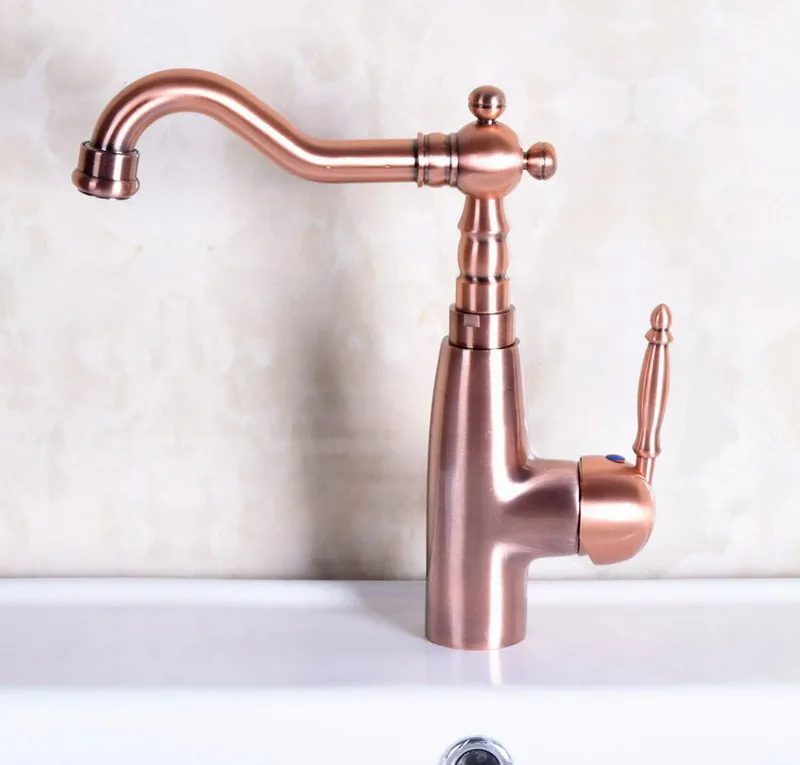 Antique Red Copper Brass Single Lever Handle Bathroom Kitchen Basin Sink Faucet Mixer Tap Swivel Spout Deck Mounted mnf131