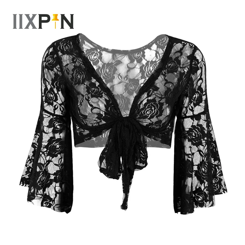 Women Lace Long Sleeve Crop Top Belly Latin Ballet Dance Cardigan Cover Up Wraps