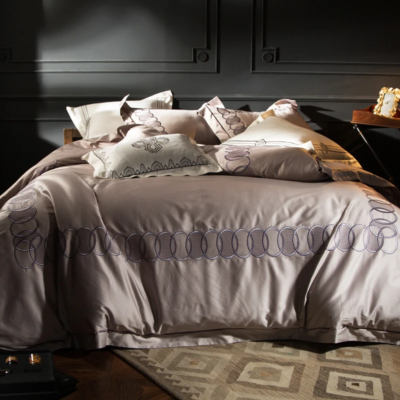 

120S Egyptian Cotton Embroidery Luxury Royal Bedding Set 4pcs King Queen Wedding Bed Sheet set Duvet cover Pillowcase 6pc coffee