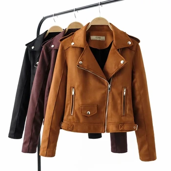 

new fashion autumn women black suede leather jackets elegnat ladies chic biker jacket cool girls khaki outerwear female coats