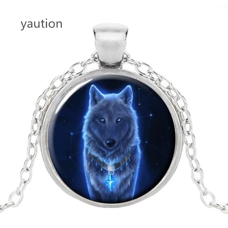 

New Vintage Glowing Wolf Cabochon Tibetan silver Glass Chain Unisex Pendant Necklace