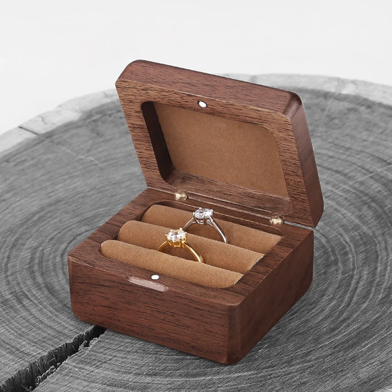 Goede Walnoot Hout Ring Box voor Twee Engagement Ringen Sieraden Doos Anniversary Zwarte Walnoot Hout Geschenkdoos met Zachte Voering Custom logo