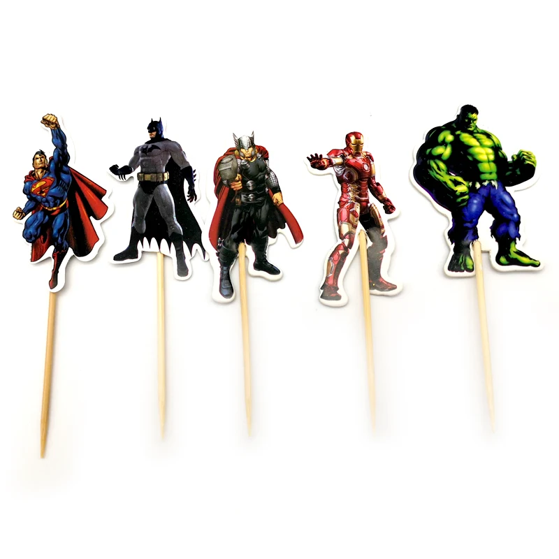 

20pcs/lot Kids Boys Favors Birthday Party Avengers Theme Cake Topper Decorate Baby Shower Iron Man Cupcake Toppers with Sticks