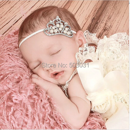 10pcs Precious Rhinestone Pearl Tiara Elastic Headband Newborn Baby
