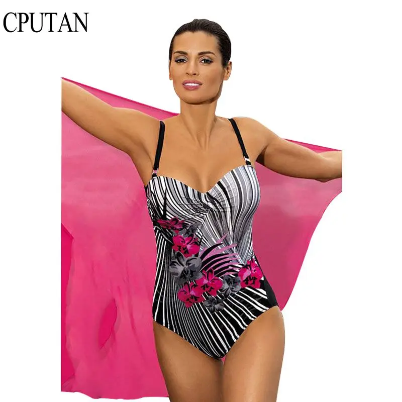 

2019 New Print Women One Piece Swimsuit Striped Swimwear Push Up Sexy Halter Bathing Suit Summer High Waist Monokini Bodysuit XL