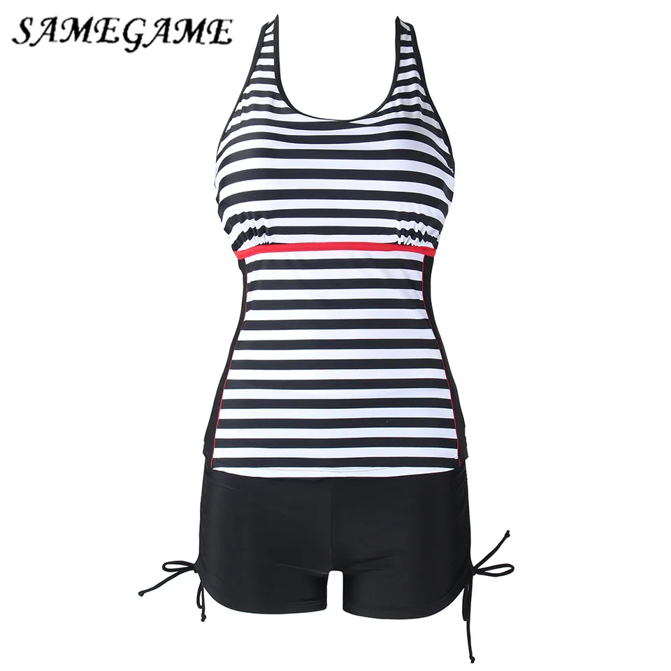 

SAMEGAME 2019 Swimwear Women Mid Waist Swimsuit New Ruffle Vintage Bikinis Print Top Striped Bottom Bathing Suits Female Suit