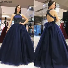 Темно-синее бальное платье Бальные платья Сексуальные вечерние платья для выпускного вечера с кристаллами и бантом на спине 16 Vestido de 16 anos