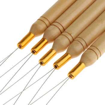 

5Pcs/Set Wooden Hair Extensions Loop Needle Threader Wire Pulling Hook Tool Beads Feathers Hair Styling Tools Accessories