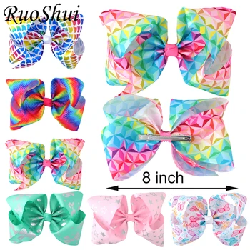 

6PCS/LOT 8 inch Girls Print Large Hair Bow Grosgrain Ribbon Hairgrip Alligator Clips Children Headwear Women Hair Accessories