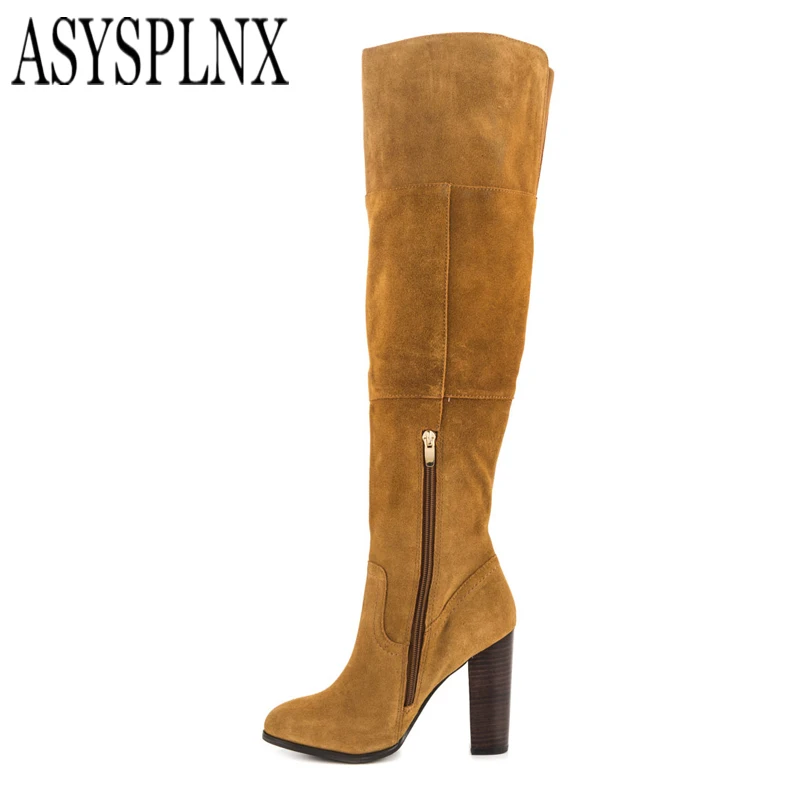 Aspsylnx бренд 2018 г. женские зимние сапоги из флока женская обувь на высоком каблуке