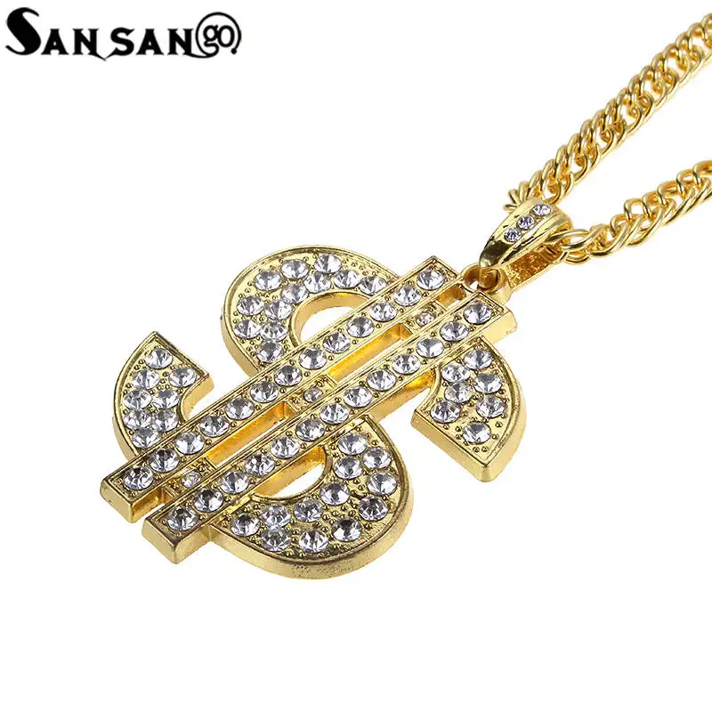 

Glitter Rhinestone Dollar Sign Pendant Necklace Bling Golden Metal Long Hip Hop Chain Necklace Jewelry For Woman Man