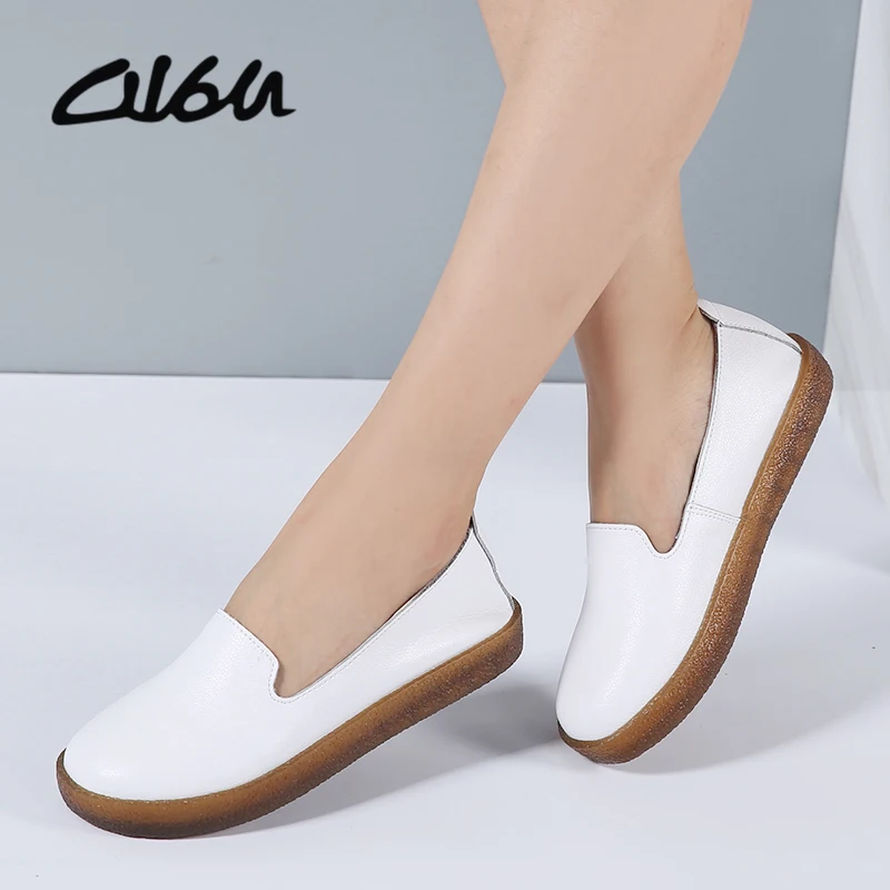O16U Women Flats Shoes Genuine Leather Slip-on Round Toe Muscle Sole Ladies casual Shoes Comfortable Soft Shoes Female Fall