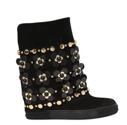 New Arrivals 2017 Winter Newest Bling Bling Crystal Flower Boots Black Suede Rivets Studded Height Increasing Ankle Women Boots
